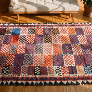 Antique Persian Gabbeh Allover Tribal Geometric Checkered Design Pile Rug (SKU 19192) - styled overhead view