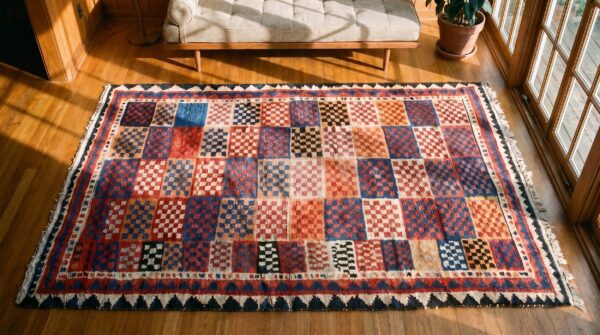 Antique persian gabbeh allover tribal geometric checkered design pile rug 2 Antique persian gabbeh allover tribal geometric checkered design pile rug (sku 19192) - styled overhead view