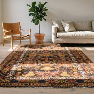 Antique Persian Geometric Medallion Hand Knotted Pile Rug (SKU 19375) - styled overhead view