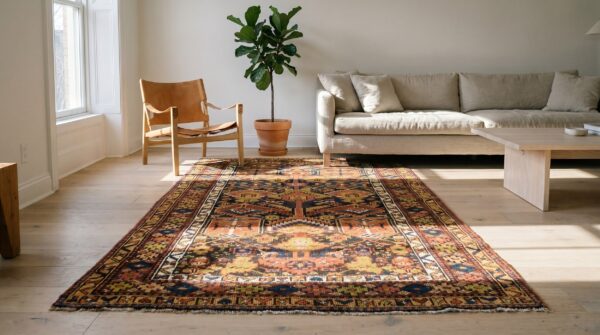 Antique persian geometric medallion hand knotted pile rug 2 Antique persian geometric medallion hand knotted pile rug (sku 19375) - styled overhead view