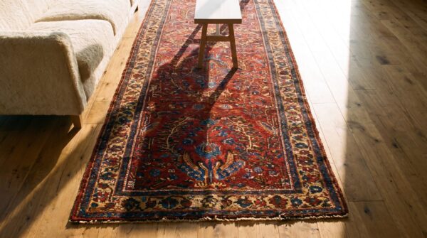 Antique persian hamadan red hallway runner wool rug 2 Antique persian hamadan red hallway runner wool rug (sku 25731) - styled overhead view
