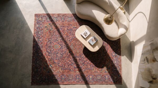 Antique persian kashan rug, hand-knotted wool, central persia 2 Antique persian kashan rug, hand-knotted wool, central persia (sku 20215) - styled overhead view
