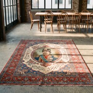 Antique Persian Kerman Pictorial Calligraphy Square Coral Scatter Rug (SKU 22794) - room view