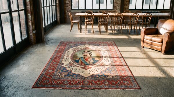 Antique persian kerman pictorial calligraphy square coral scatter rug (sku 22794) - room view