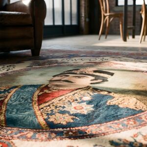 Antique Persian Kerman Pictorial Calligraphy Square Coral Scatter Rug (SKU 22794) - in-room detail