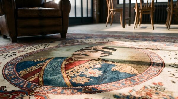 Antique persian kerman pictorial calligraphy square coral scatter rug (sku 22794) - in-room detail