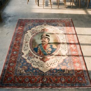 Antique Persian Kerman Pictorial Calligraphy Square Coral Scatter Rug (SKU 22794) - styled overhead view