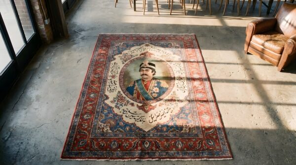 Antique persian kerman pictorial calligraphy square coral scatter rug (sku 22794) - styled overhead view