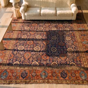 Antique Persian Khorassan Large Room Size Wool Dark Rug (SKU 23668) - styled overhead view