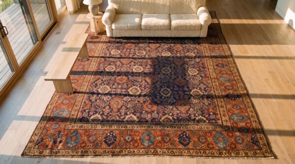 Antique persian khorassan large room size wool dark rug 2 Antique persian khorassan large room size wool dark rug (sku 23668) - styled overhead view