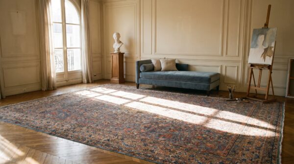 Antique persian kirman carpet 13'10"×16'8" blue floral, hand-knotted wool, 1920s 8 Antique persian kirman carpet 13'10"×16'8" blue floral, hand-knotted wool, 1920s (sku 20969) - room view