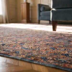 Antique Persian Kirman Carpet 13'10"×16'8" Blue Floral, Hand-Knotted Wool, 1920s (SKU 20969) - in-room detail
