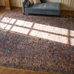 Antique Persian Kirman Carpet 13'10"×16'8" Blue Floral, Hand-Knotted Wool, 1920s (SKU 20969) - styled overhead view