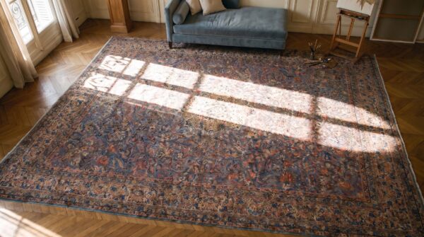 Antique persian kirman carpet 13'10"×16'8" blue floral, hand-knotted wool, 1920s 2 Antique persian kirman carpet 13'10"×16'8" blue floral, hand-knotted wool, 1920s (sku 20969) - styled overhead view
