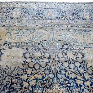Antique Persian Kirman Carpet 14'5"×15'5" Blue Field, Camel Border, Square Format, Circa 1900 (SKU 18372) - in-room detail