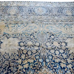 Antique Persian Kirman Carpet 14'5"×15'5" Blue Field, Camel Border, Square Format, Circa 1900 (SKU 18372) - styled overhead view