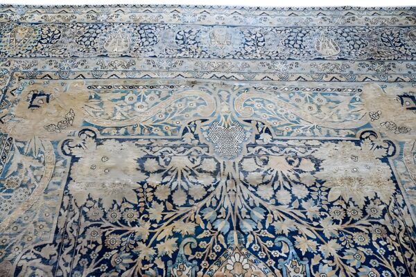 Antique persian kirman carpet 14'5"×15'5" blue field, camel border, square format, circa 1900 2 Antique persian kirman carpet 14'5"×15'5" blue field, camel border, square format, circa 1900 (sku 18372) - styled overhead view