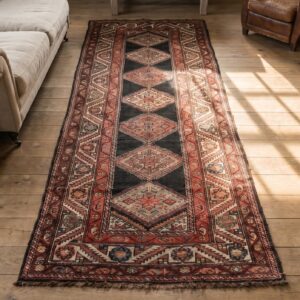Antique Persian Kurdish Rug, Hand-Knotted Wool (SKU 18498) - styled overhead view