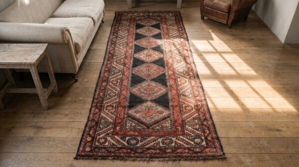 Antique persian kurdish rug, hand-knotted wool (sku 18498) - styled overhead view