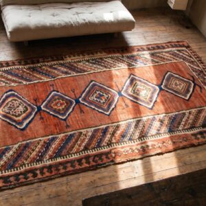 Antique Persian Kurdish Rug, Hand-Knotted Wool (SKU 18745) - styled overhead view