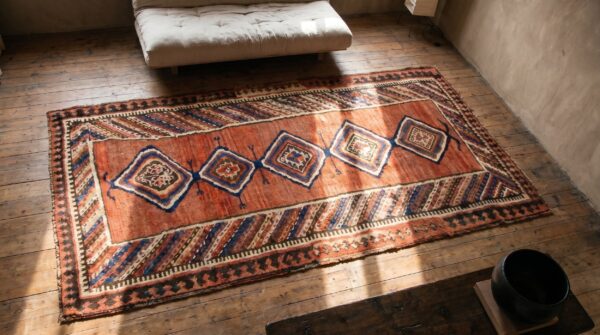 Antique persian kurdish rug, hand-knotted wool 2 Antique persian kurdish rug, hand-knotted wool (sku 18745) - styled overhead view