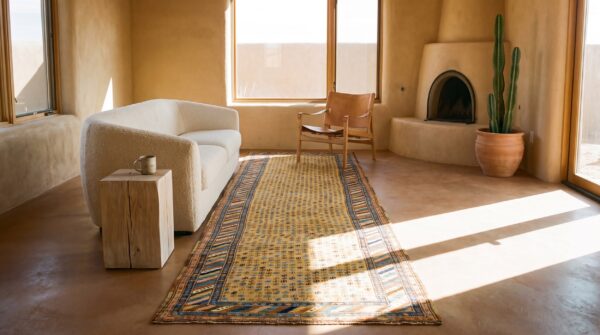 Antique persian kurdish carpet 3'6"×13'7" yellow tribal, multi border, 1880s runner (sku 18958) - room view