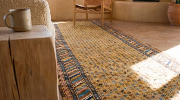 Antique persian kurdish carpet 3'6"×13'7" yellow tribal, multi border, 1880s runner (sku 18958) - in-room detail