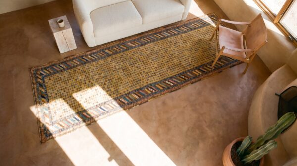 Antique persian kurdish carpet 3'6"×13'7" yellow tribal, multi border, 1880s runner (sku 18958) - styled overhead view