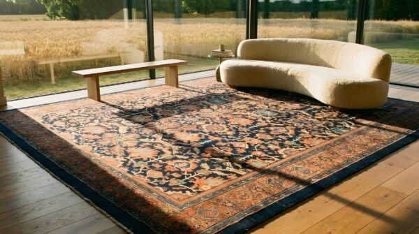 Antique persian malayer carpet 12'4"×14'8" dark blue allover palmette, burnt rust border, circa 1890 (sku 19414) - room view