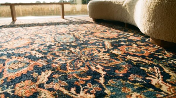 Antique persian malayer carpet 12'4"×14'8" dark blue allover palmette, burnt rust border, circa 1890 (sku 19414) - in-room detail