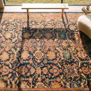 Antique Persian Malayer Carpet 12'4"×14'8" Dark Blue Allover Palmette, Burnt Rust Border, Circa 1890 (SKU 19414) - styled overhead view