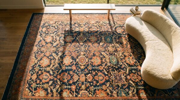 Antique persian malayer carpet 12'4"×14'8" dark blue allover palmette, burnt rust border, circa 1890 (sku 19414) - styled overhead view