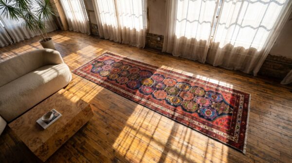 Antique persian malayer rug, hand-knotted wool, west-central persia 2 Antique persian malayer rug, hand-knotted wool, west-central persia (sku 17963) - styled overhead view