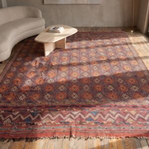 Antique Persian Wool Multicolor Jewel Tones Verne Hand Knotted Rug (SKU 21466) - styled overhead view