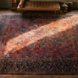 Antique Persian Sarouk Room Size Square Rug - Red Floral (SKU 23038) - styled overhead view