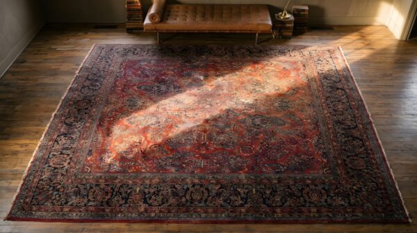 Antique persian sarouk room size square rug - red floral 2 Antique persian sarouk room size square rug - red floral (sku 23038) - styled overhead view