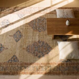 Antique Persian Serab Carpet 11'6"×18'9" Camel & Light Blue Medallion, Circa 1890 (SKU 18787) - styled overhead view