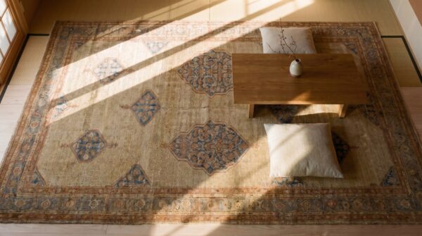 Antique persian serab carpet 11'6"×18'9" camel & light blue medallion, circa 1890 2 Antique persian serab carpet 11'6"×18'9" camel & light blue medallion, circa 1890 (sku 18787) - styled overhead view