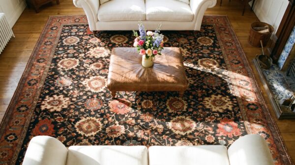 Antique persian serab carpet 12'×20'6" blue geometric, hand-knotted wool, 1890s 2 Antique persian serab carpet 12'×20'6" blue geometric, hand-knotted wool, 1890s (sku 18710) - styled overhead view