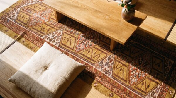 Antique persian serab carpet 3'7"×10'8" long runner, late 19th century (sku 18345) - styled overhead view