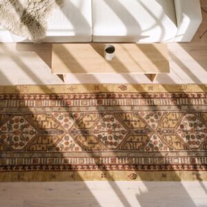 Antique Persian Serab Hallway Runner Rug - Late 19th Century Tribal Brown Earth Tone (SKU 23326) - styled overhead view
