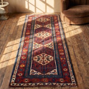 Antique Persian Serab Hallway Runner Rug - Rustic Tribal Geometric Pattern (SKU 19787) - styled overhead view