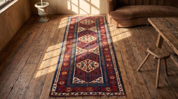 Antique persian serab hallway runner rug - rustic tribal geometric pattern 2 Antique persian serab hallway runner rug - rustic tribal geometric pattern (sku 19787) - styled overhead view