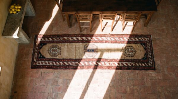 Antique persian serab runner 3'×12'3", hand-knotted wool, early 20th century 2 Antique persian serab runner 3'×12'3", hand-knotted wool, early 20th century (sku 18772) - styled overhead view