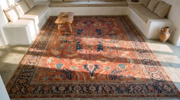 Antique persian serapi carpet 11'6"×16'3" strong red & blue, hand-knotted wool, 1880s 2 Antique persian serapi carpet 11'6"×16'3" strong red & blue, hand-knotted wool, 1880s (sku 19842) - styled overhead view