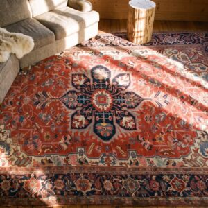 Antique Persian Serapi Carpet 12'6"×18'9" Red & Navy Geometric, Circa 1890 (SKU 18999) - styled overhead view