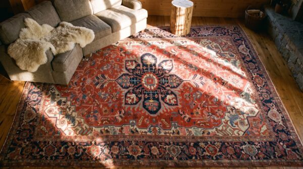 Antique persian serapi carpet 12'6"×18'9" red & navy geometric, circa 1890 2 Antique persian serapi carpet 12'6"×18'9" red & navy geometric, circa 1890 (sku 18999) - styled overhead view
