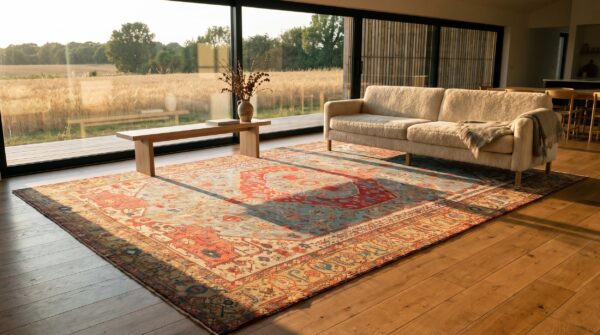 Antique persian serapi carpet 16'8"×24'10" sky blue & camel, circa 1890 (sku 20109) - room view