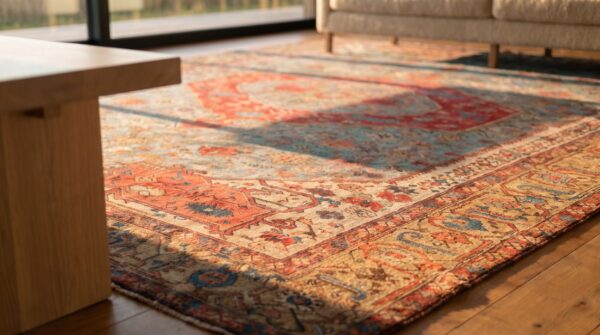 Antique persian serapi carpet 16'8"×24'10" sky blue & camel, circa 1890 (sku 20109) - in-room detail