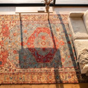 Antique Persian Serapi Carpet 16'8"×24'10" Sky Blue & Camel, Circa 1890 (SKU 20109) - styled overhead view